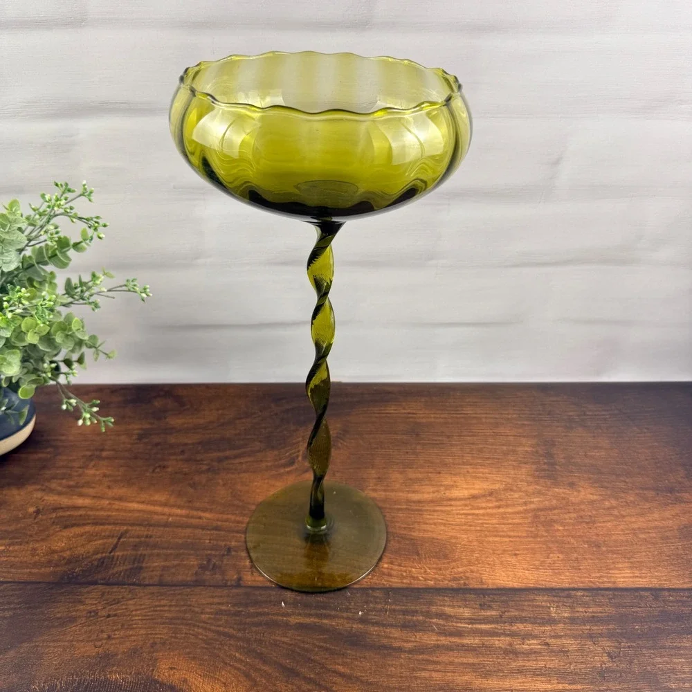 Empoli Italy Olive Green Glass Tall Compote Twisted Stem Pedestal Bowl